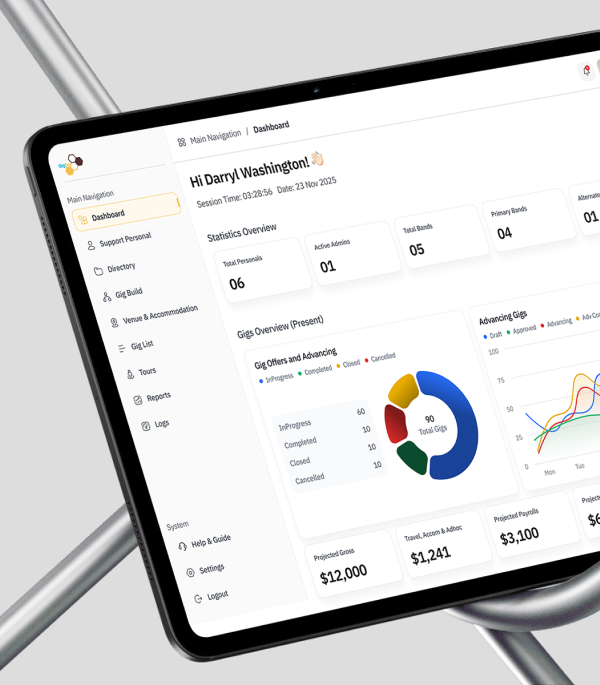 All-in-one dashboard to manage gigs, tours, venues, and payrolls.