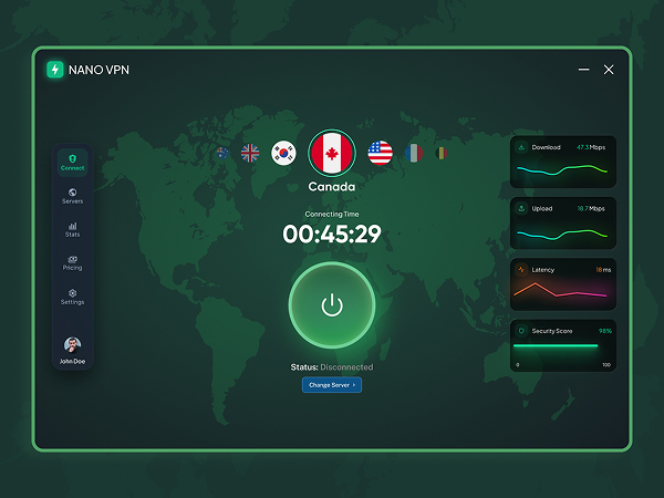 Monitor network speed, security, and server connection status.